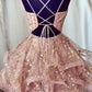 Cute Sequins Pink Homecoming Dresses V-neck Beaded Short Prom Dresses main image 1