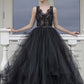 A-line V-neck Lace Tulle Long Black Wedding Dresses