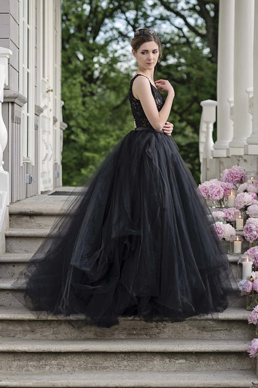 A-line V-neck Lace Tulle Long Black Wedding Dresses