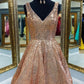 Sequins Short Prom Dresses Gold A-line V-Neck Homecoming Dresses