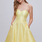 Simple Yellow Strapless A Line Short Homecoming Dresses With Pockets