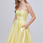 Simple Yellow Strapless A Line Short Homecoming Dresses With Pockets