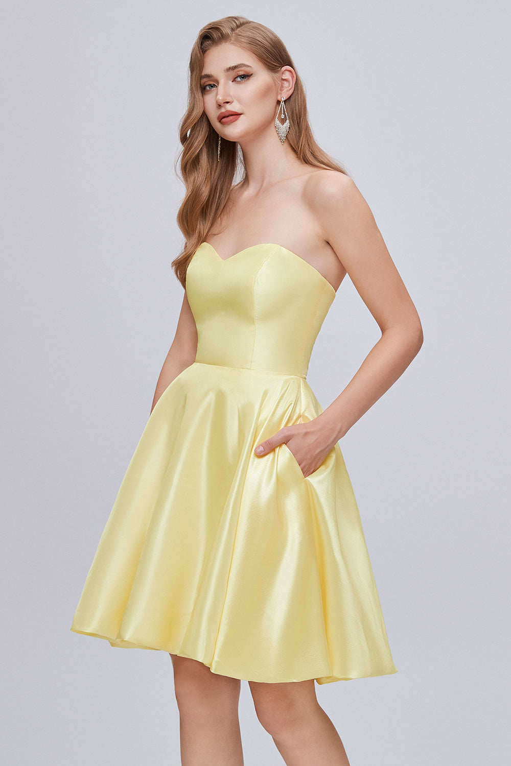 Simple Yellow Strapless A Line Short Homecoming Dresses With Pockets