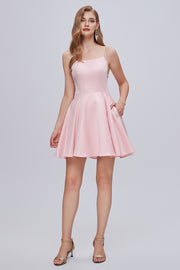Simple Spaghetti Straps Pink Satin Cocktail Dress Short Homecoming Dress  cc3242