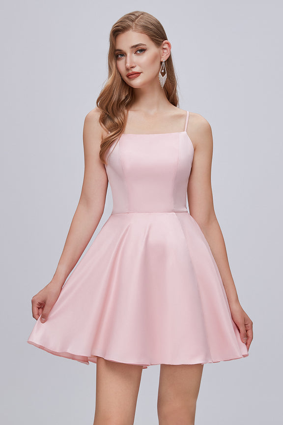 Feminine Sexy Style Pink Pleated Spaghetti Strap Body Dress Mini Homecoming Dress Y380 main image 1