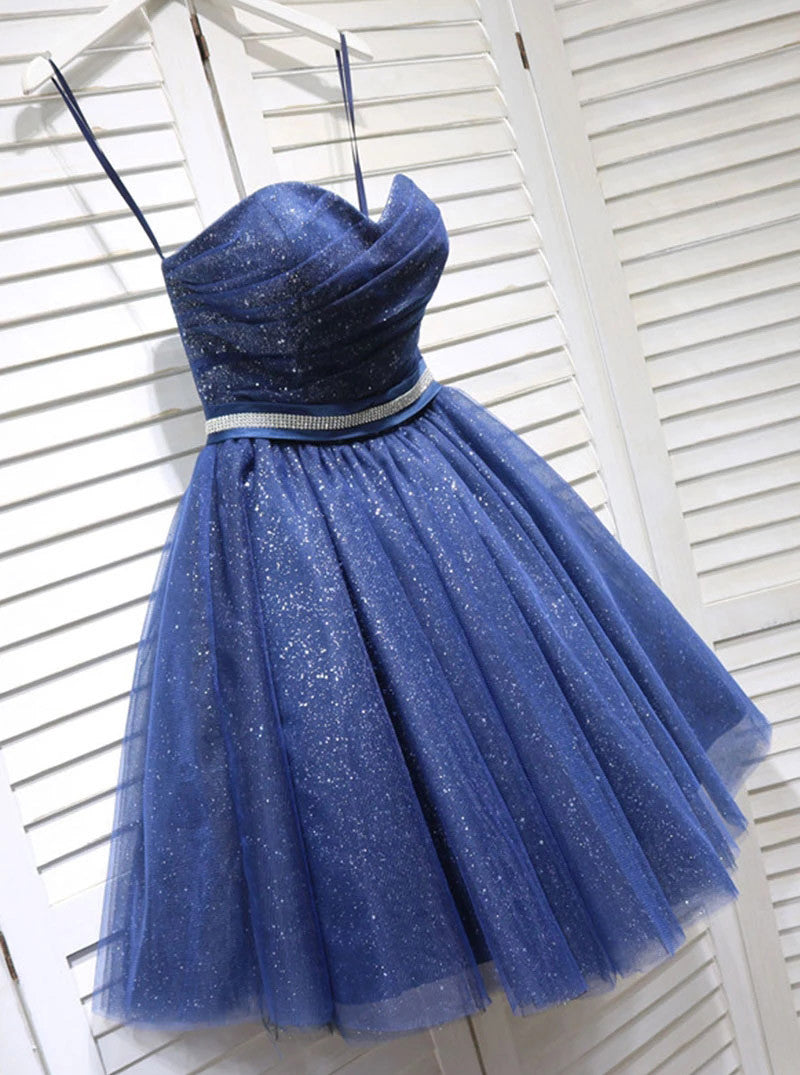 Glitter Sweetheart Blue Short Prom Homecoming Dresses With Beading