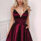 A-line V-neck Burgundy Satin Short Homecoming Dresses with Pockets