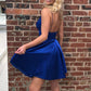 Royal Blue Satin Homecoming Dresses Backless Simple Short Prom Dresses