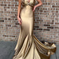 Gold Spaghetti Straps Stunning Formal Evening Dresses Mermaid Long Prom Dresses