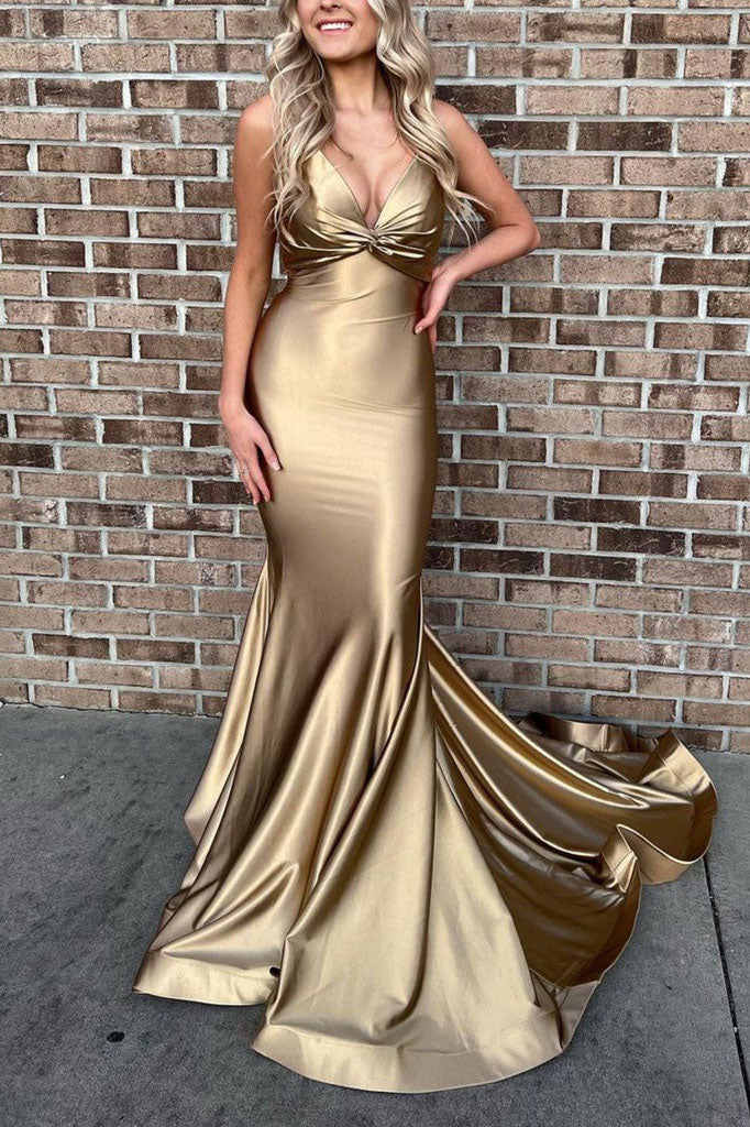 Gold Spaghetti Straps Stunning Formal Evening Dresses Mermaid Long Prom Dresses