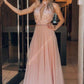 High Neck Chic A-line Chiffon Evening Party Dresses Long Prom Dresses