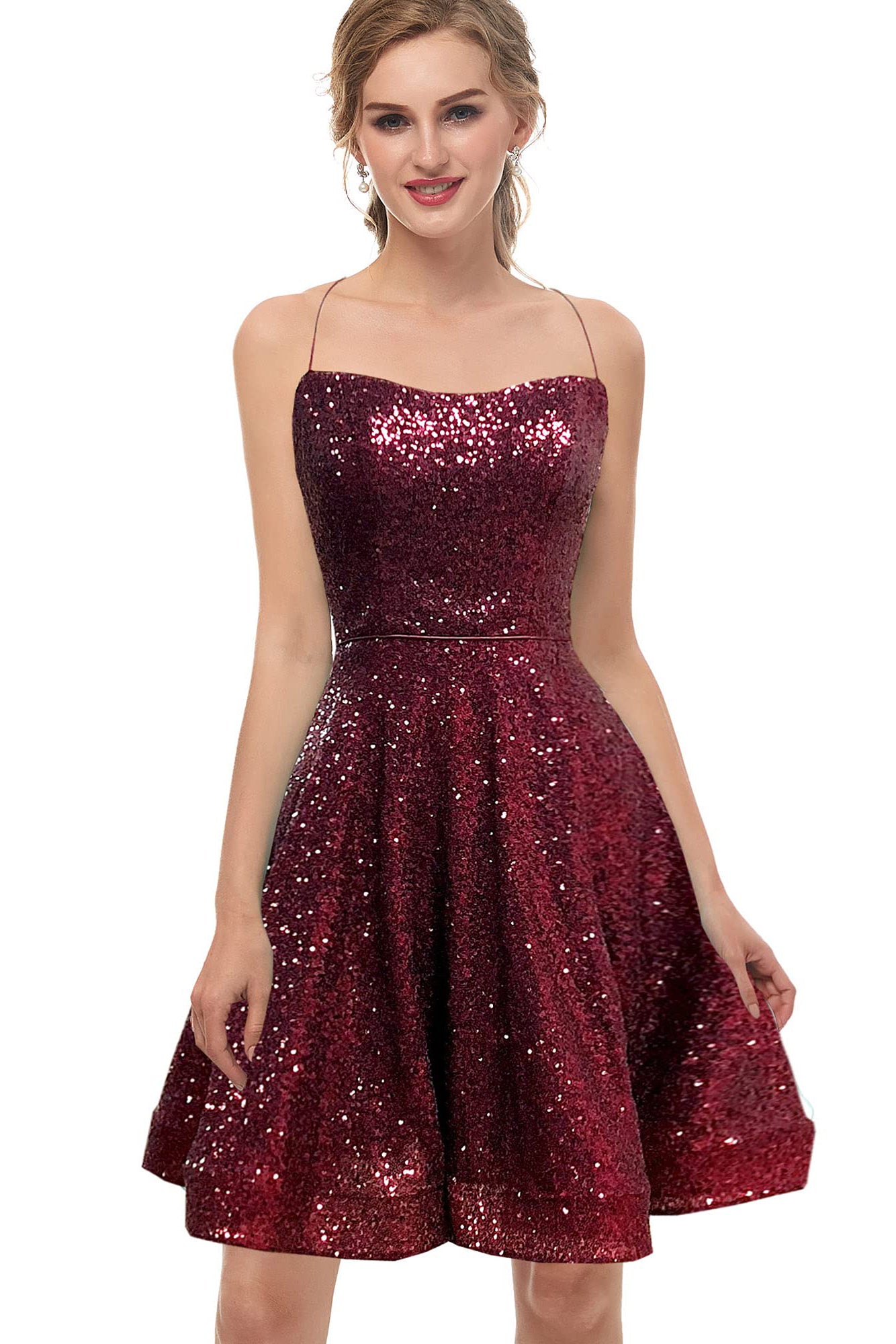 Burgundy Spaghetti Straps Sleeveless A Line Sequins Homecoming Dresses