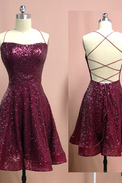 Trendy Burgundy Sequins Spaghetti-Straps V-Neck Side-Slit Evening Gown JTE553 main image 1