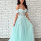 Tulle Applique Mint Green Off the Shoulder A line Evening Dresses Long Prom Dresses