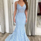 Light Blue Spaghetti Straps Lace Evening Dresses Mermaid Long Prom Dresses