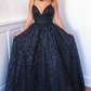 Navy Blue Lace Spaghetti Straps A-Line Long Prom Dresses Formal Evening Dresses