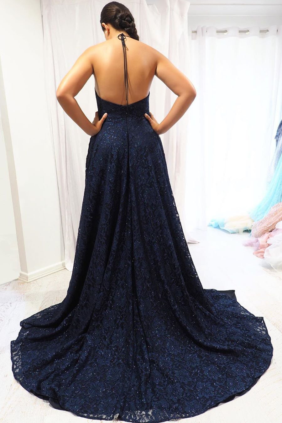Elegant Navy Blue A-Line Halter Long Backless Lace Evening Dresses with Slit Prom Dresses