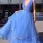 Sky Blue V-Neck A-Line Tulle Pageant Dresses With Appliques Prom Dresses