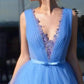 Sky Blue V-Neck A-Line Tulle Pageant Dresses With Appliques Prom Dresses