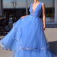 Sky Blue V-Neck A-Line Tulle Pageant Dresses With Appliques Prom Dresses