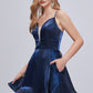 Blue Deep V Neck Spaghetti Strap A Line Short Homecoming Dresses
