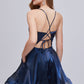 Blue Deep V Neck Spaghetti Strap A Line Short Homecoming Dresses