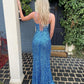 Blue Sequins Spaghetti Straps Sheath Split Tassel Long Prom Dresses