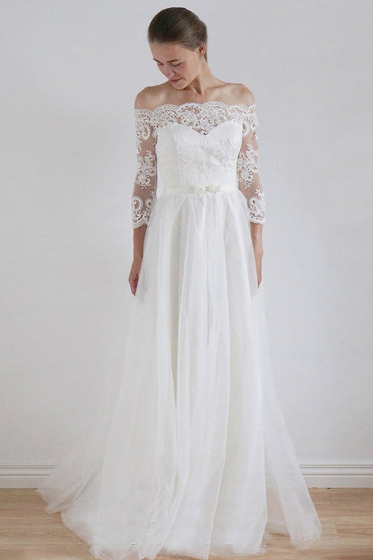 Elegant Lace Appliques Off the Shoulder Long Sleeves Wedding Dresses