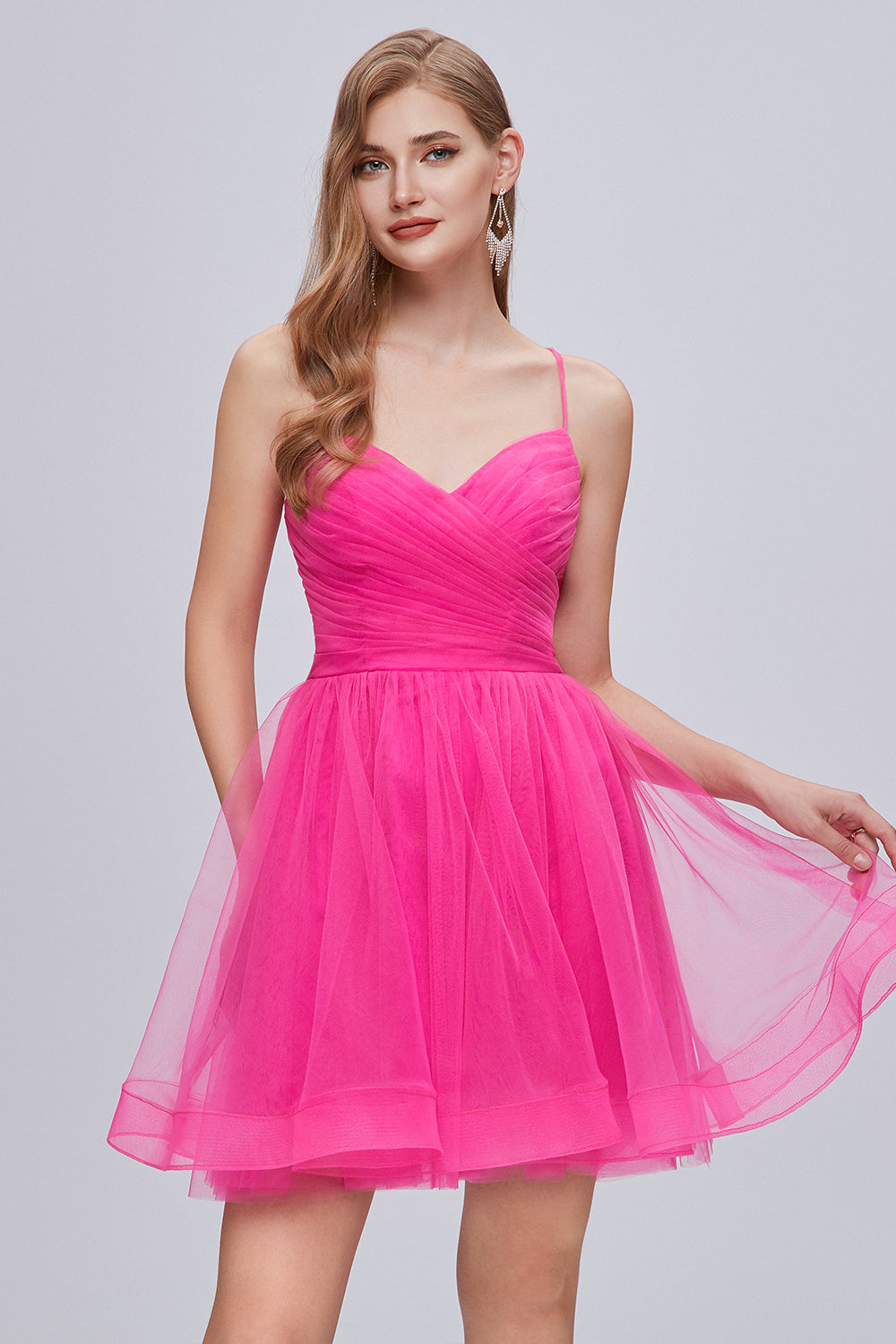 Cute Pink Spaghetti Strap V Neck Tulle Homecoming Dresses