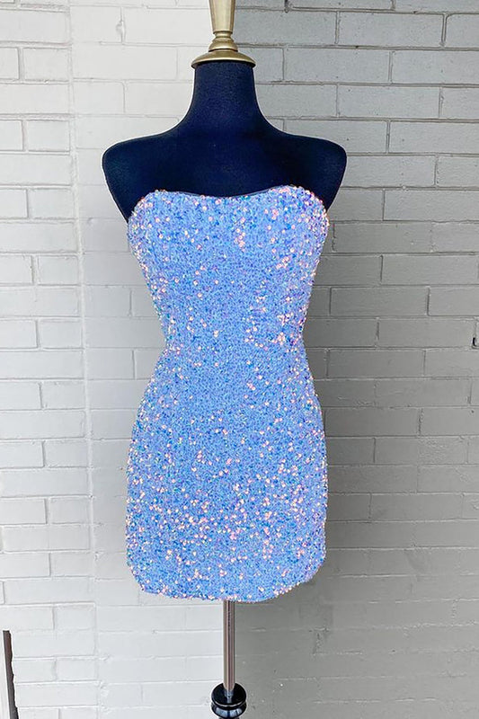 Sparkly Blue Strapless Sequins Short Homecoming Dresses