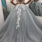 Lace Tulle A-Line V-Neck Appliques Formal Evening Dresses School Party Gown Long Prom Dresses