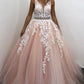 Lace Tulle A-Line V-Neck Appliques Formal Evening Dresses School Party Gown Long Prom Dresses