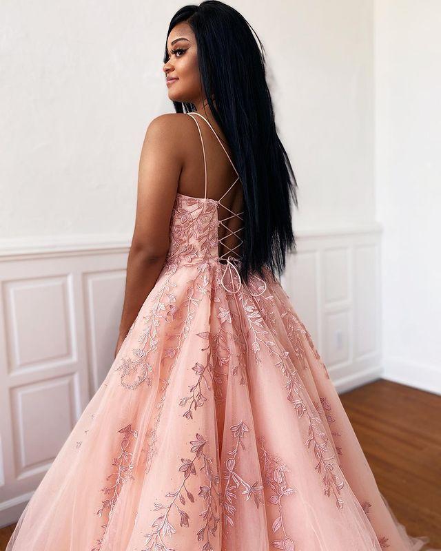 Pink A-Line Tulle Appliques Beading Popular Formal Dresses Long Prom Dresses