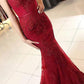 Impressive Red Spaghetti Straps Mermaid With Lace Appliques Prom Dresses