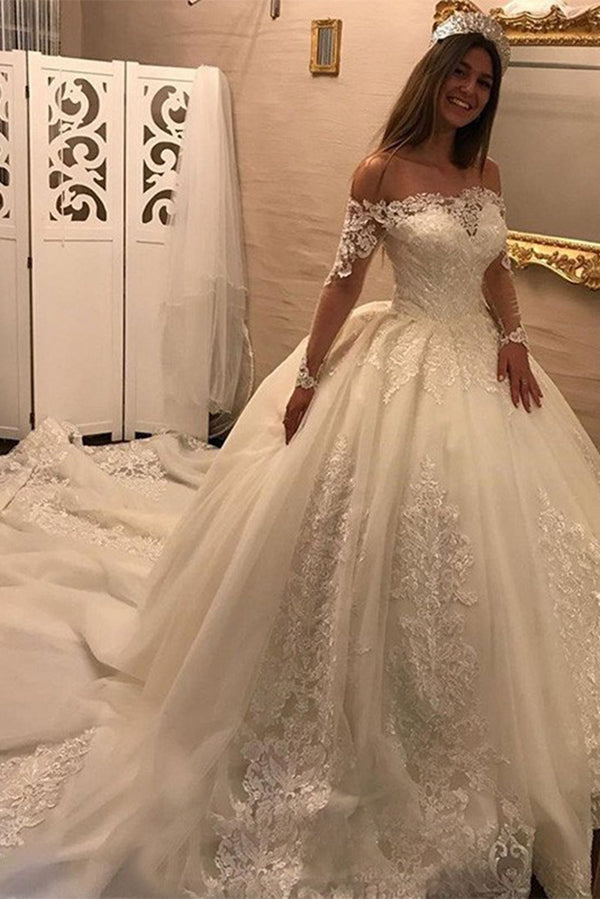Ombreprom Wedding Dress Off Shoulder Long Sleeves Open Back Lace Bridal Gown with Chapel Train Ombreprom Wedding Dress Off Shoulder Long Sleeves Open Back Lace Bridal Gown with Chapel Train