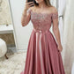Chic Burgundy Off Shoulder Floor Length Satin Lace Prom Dresses