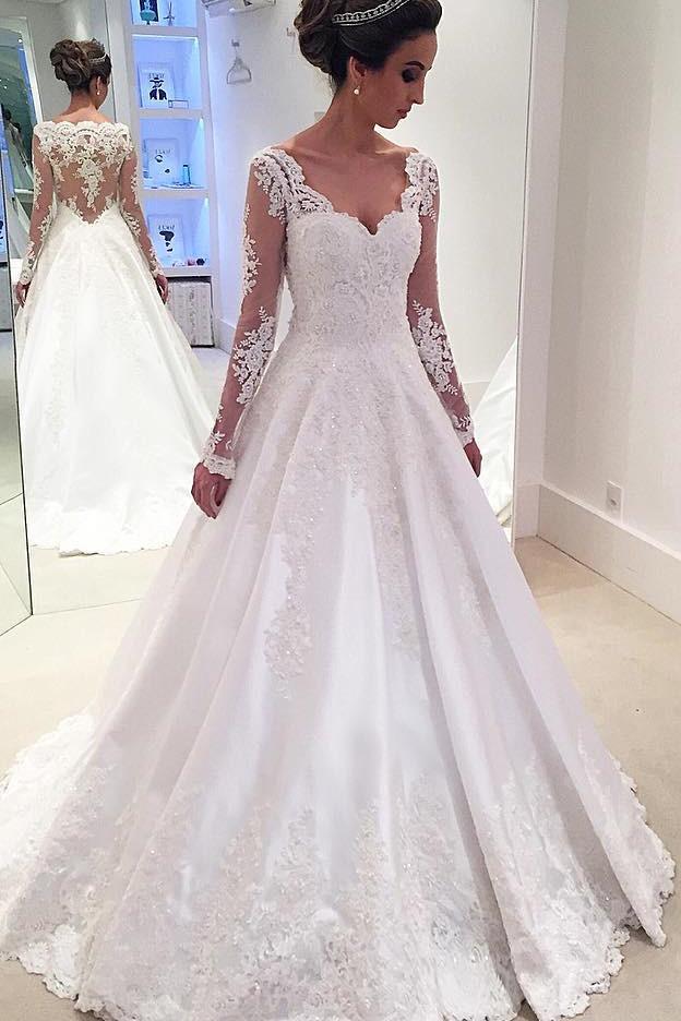 Unique Elegant V Neck Long Sleeves Ball Gown Satin Lace Modest Plus Size Wedding Dresses With Appliques