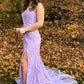 Strapless Mermaid Lilac Formal Evening Dresses Lace Long Prom Dresses with Slit