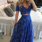 Royal Blue A-line V-neck Lace Appliques 2 piece Short Sleeves Evening Prom Dresses