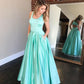 Simple Green Sleeveless Open Back Satin Long Evening Dresses