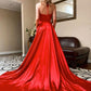 Simple Red V Neck A Line Satin Split Long Prom Dresses