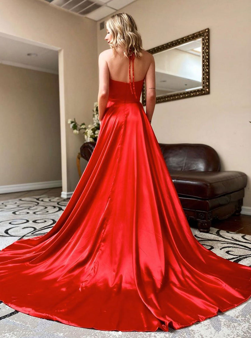 Elegant Red V Neck A Line Split Prom Dresses