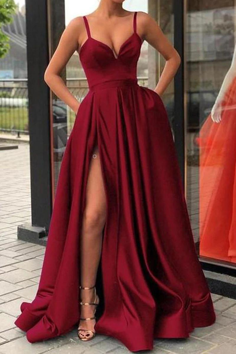 Products Spaghetti Straps A-Line Split Long Prom Dress With Pockets OP611