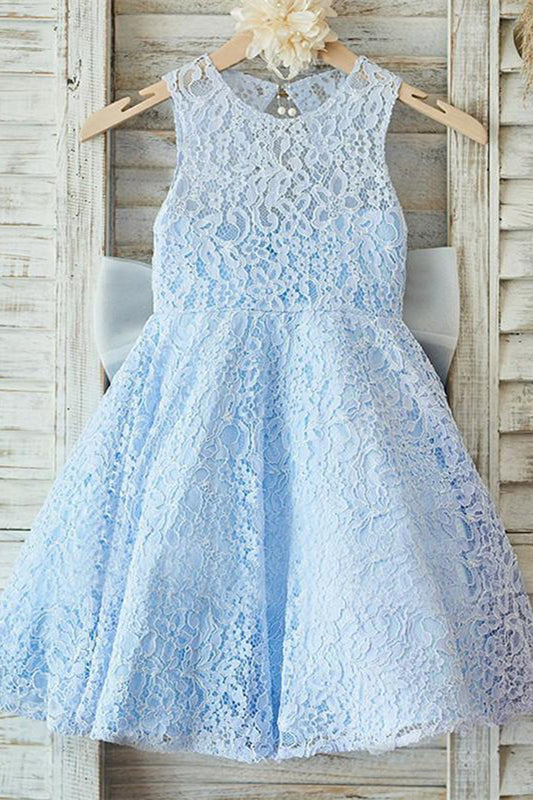 Round Neck Open Back Lace Appliques With Bowknot Flower Girl Dresses