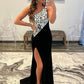 Black Rhinestone One Shoulder Split Floor-length Formal Prom Dresses