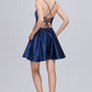 Spaghetti Strap Blue V Neck A Line Backless Homecoming Dresses