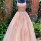 Lace Appliques Pink A LineTulle Long Prom Dresses With Straps
