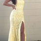 Daffodil Lace Strapless Appliques Slit Formal Evening Dresses Mermaid Prom Dresses