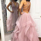 Chic Spaghetti Straps V Neck Backless Floor Length Simple Princess Dresses Prom Dresses