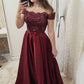 Chic Burgundy Off Shoulder Floor Length Satin Lace Prom Dresses